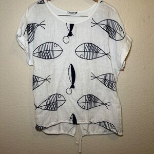 Meo Meli Size L Top 100% Linen Embroidered Fish Print Boho Beach Lagenlook Italy